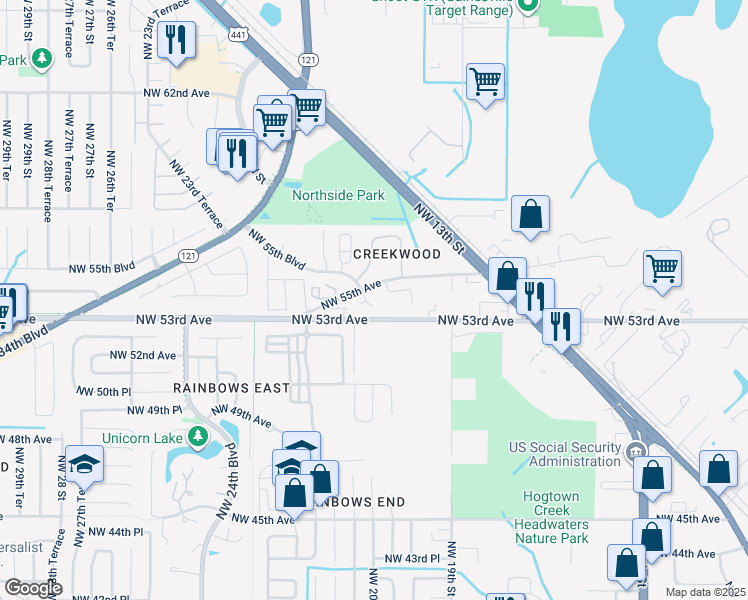 map of restaurants, bars, coffee shops, grocery stores, and more near 5422 Northwest 20th Court in Gainesville