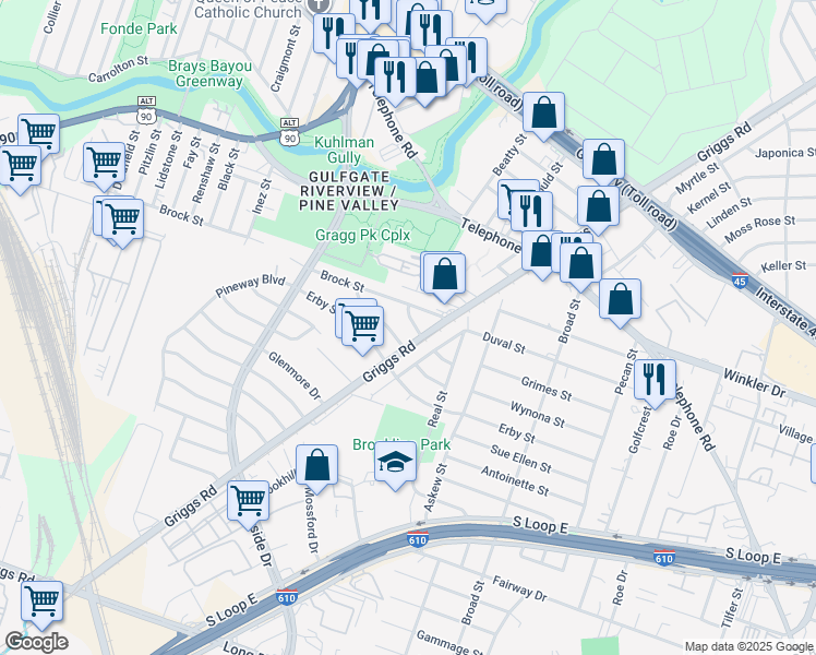 map of restaurants, bars, coffee shops, grocery stores, and more near 3806 Sylvania Street in Houston