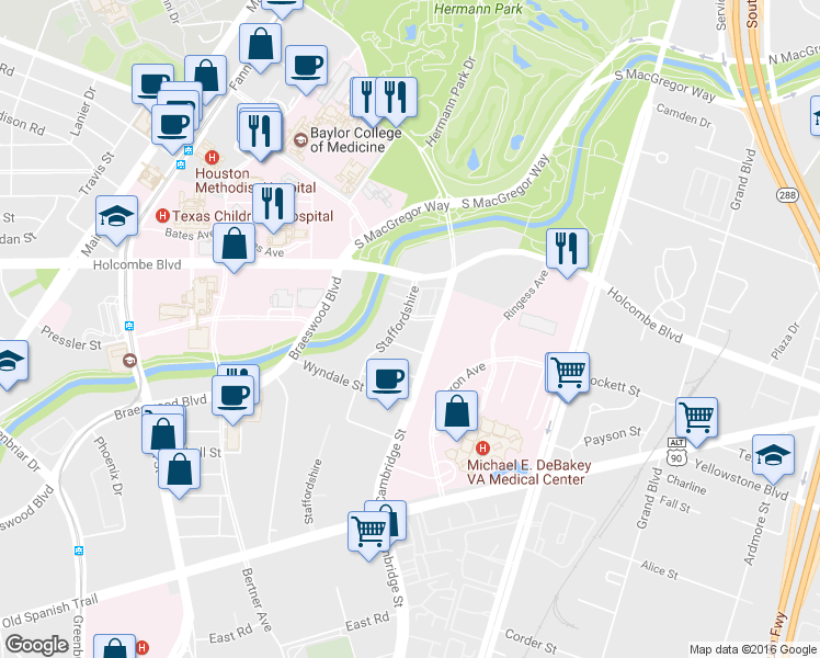 map of restaurants, bars, coffee shops, grocery stores, and more near 6818 Staffordshire in Houston