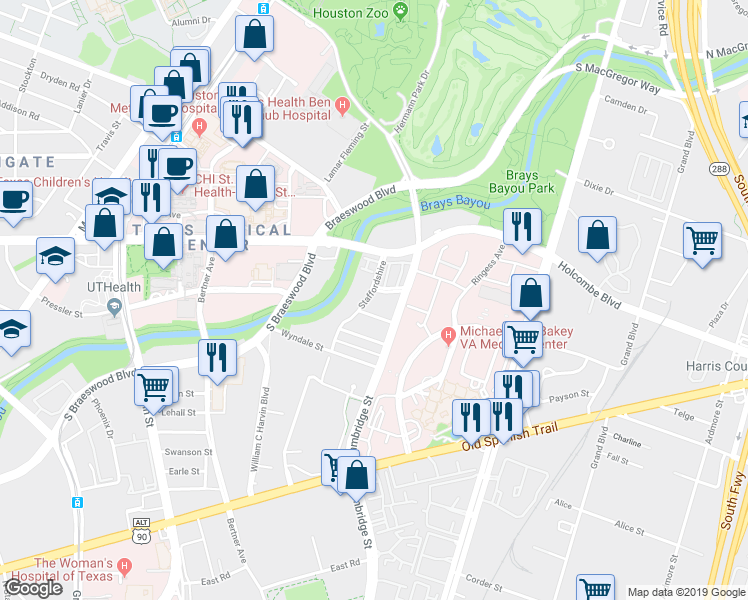 map of restaurants, bars, coffee shops, grocery stores, and more near 6818 Staffordshire in Houston