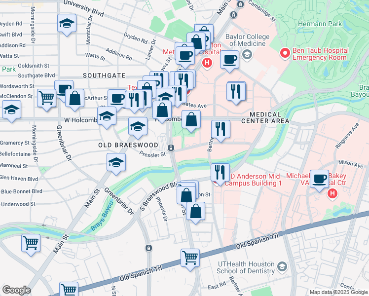 map of restaurants, bars, coffee shops, grocery stores, and more near in Houston