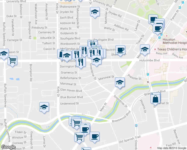 map of restaurants, bars, coffee shops, grocery stores, and more near 7000 Greenbriar Drive in Houston