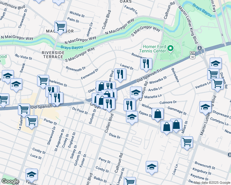 map of restaurants, bars, coffee shops, grocery stores, and more near 4331 U.S. 90 Alternate in Houston