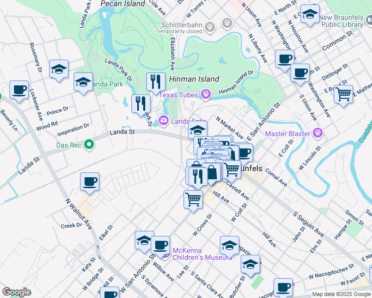 map of restaurants, bars, coffee shops, grocery stores, and more near 96 North Castell Avenue in New Braunfels