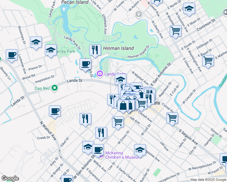 map of restaurants, bars, coffee shops, grocery stores, and more near 96 North Castell Avenue in New Braunfels