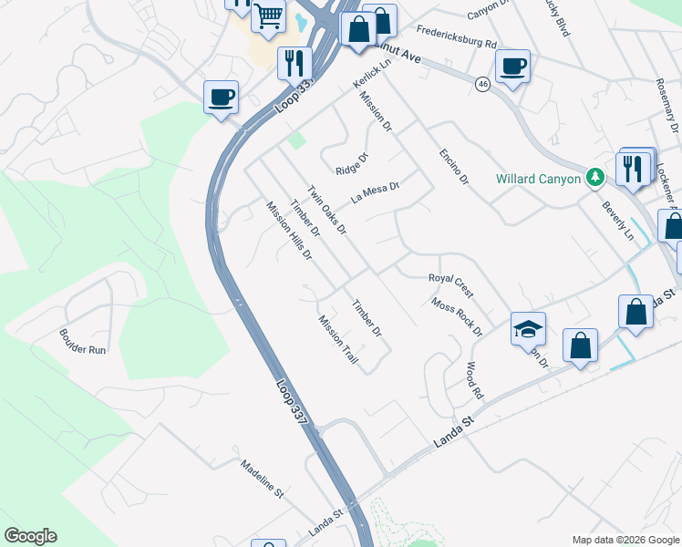 map of restaurants, bars, coffee shops, grocery stores, and more near 813 Timber Drive in New Braunfels