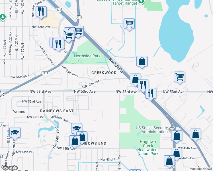 map of restaurants, bars, coffee shops, grocery stores, and more near 5320 Northwest 20th Court in Gainesville