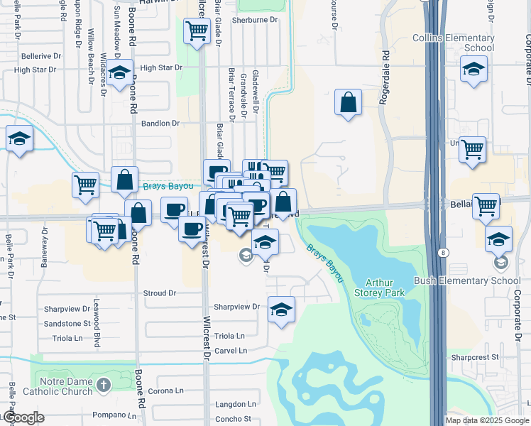 map of restaurants, bars, coffee shops, grocery stores, and more near Bellaire Boulevard & Turtlewood Drive in Houston