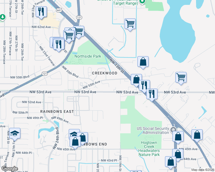 map of restaurants, bars, coffee shops, grocery stores, and more near 1919 Northwest 55th Avenue in Gainesville