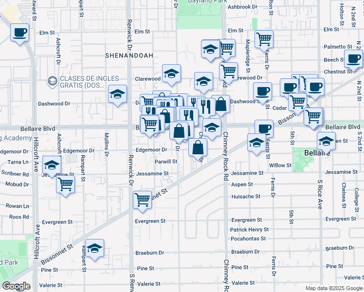 map of restaurants, bars, coffee shops, grocery stores, and more near 6908 Chetwood Drive in Houston