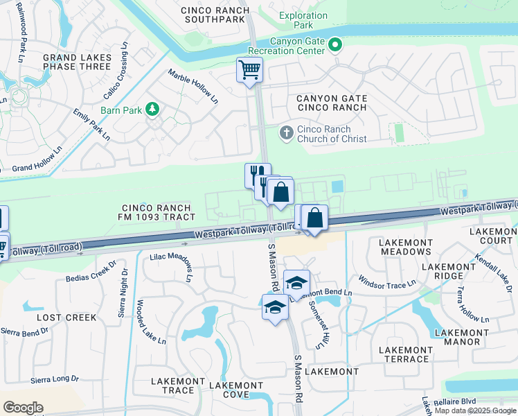 map of restaurants, bars, coffee shops, grocery stores, and more near 6856 South Mason Road in Katy
