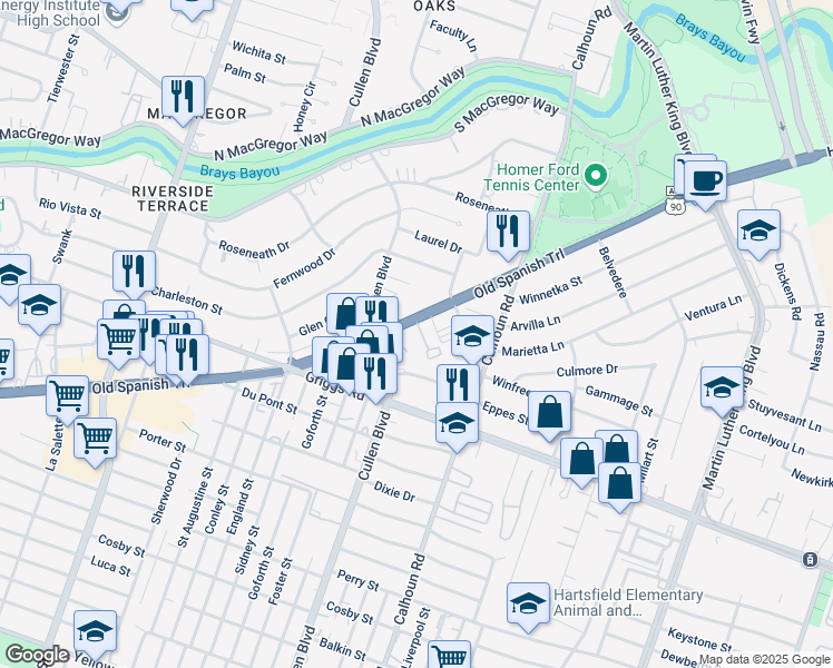 map of restaurants, bars, coffee shops, grocery stores, and more near 4320 Old Spanish Trail in Houston