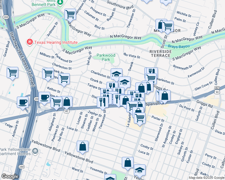 map of restaurants, bars, coffee shops, grocery stores, and more near 3550 Ozark Street in Houston