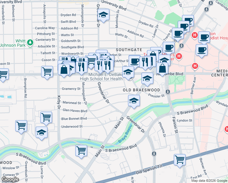 map of restaurants, bars, coffee shops, grocery stores, and more near 2222 Maroneal Street in Houston