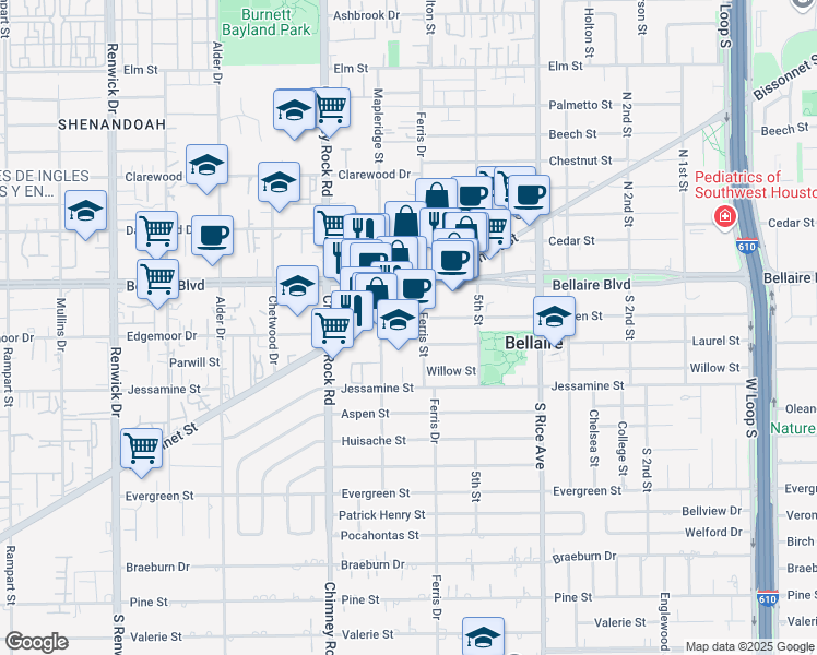 map of restaurants, bars, coffee shops, grocery stores, and more near 5317 Bissonnet Street in Bellaire