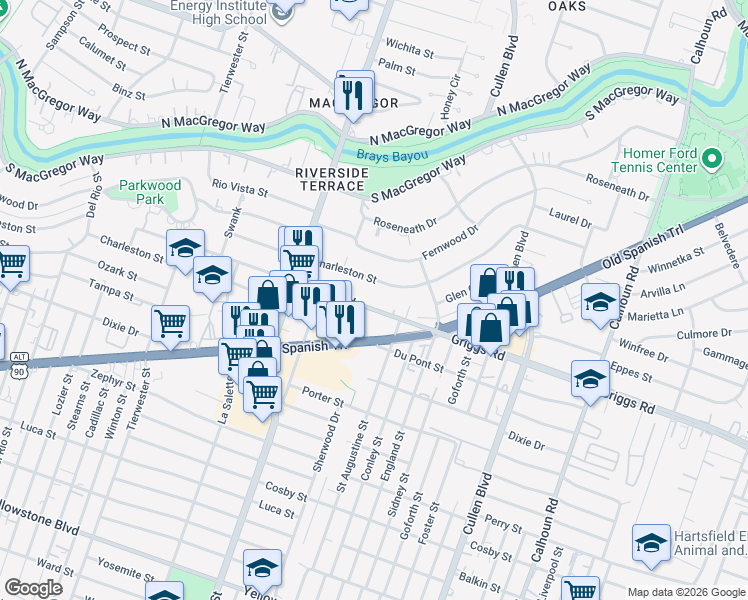 map of restaurants, bars, coffee shops, grocery stores, and more near 3926 Charleston Street in Houston