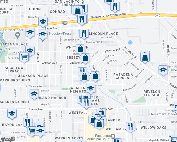 map of restaurants, bars, coffee shops, grocery stores, and more near 1010 Jackson Avenue in Pasadena