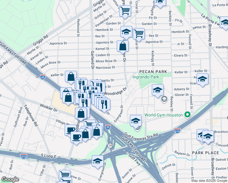 map of restaurants, bars, coffee shops, grocery stores, and more near 7106 Quince Street in Houston