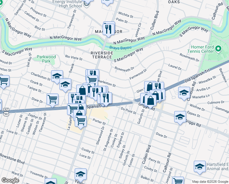 map of restaurants, bars, coffee shops, grocery stores, and more near 3926 Charleston Street in Houston