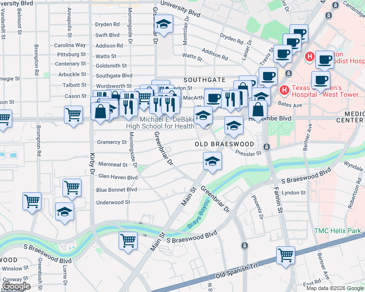 map of restaurants, bars, coffee shops, grocery stores, and more near 6431 Fannin Street in Houston