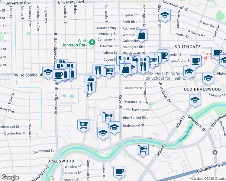 map of restaurants, bars, coffee shops, grocery stores, and more near 2600 Gramercy Street in Houston