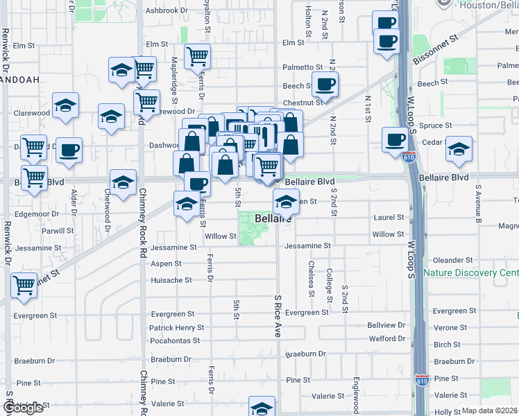 map of restaurants, bars, coffee shops, grocery stores, and more near 5103 Bellaire Boulevard in Bellaire