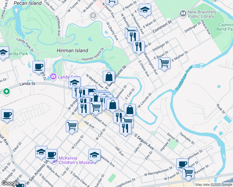map of restaurants, bars, coffee shops, grocery stores, and more near South Market Avenue in New Braunfels