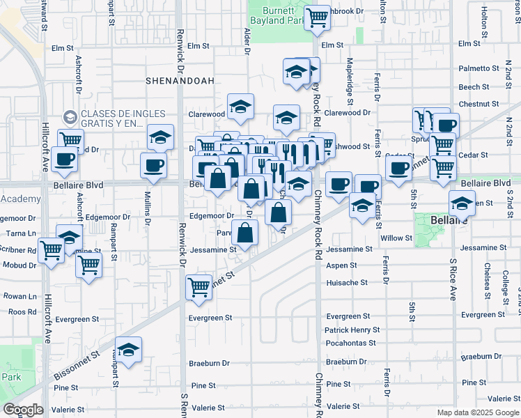 map of restaurants, bars, coffee shops, grocery stores, and more near 6908 Chetwood Drive in Houston