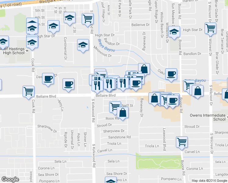 map of restaurants, bars, coffee shops, grocery stores, and more near 11724 Bellaire Boulevard in Houston