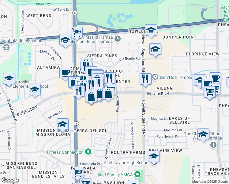 map of restaurants, bars, coffee shops, grocery stores, and more near 14316 Bellaire Boulevard in Houston