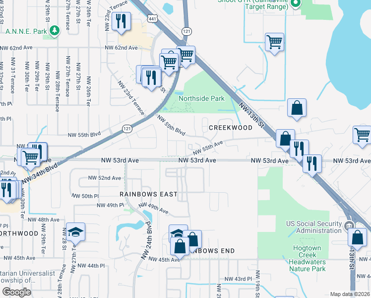 map of restaurants, bars, coffee shops, grocery stores, and more near 2150 Northwest 55th Avenue in Gainesville