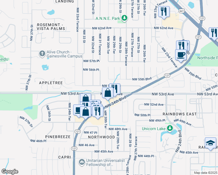map of restaurants, bars, coffee shops, grocery stores, and more near 3011 Northwest 54 Avenue in Gainesville