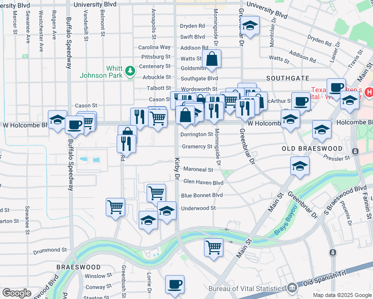 map of restaurants, bars, coffee shops, grocery stores, and more near 2526 Gramercy Street in Houston