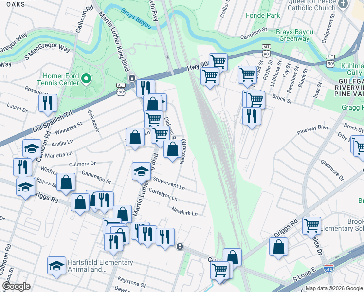 map of restaurants, bars, coffee shops, grocery stores, and more near 5111 Dickens Road in Houston