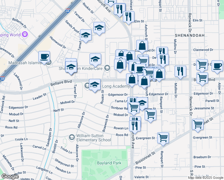 map of restaurants, bars, coffee shops, grocery stores, and more near 6414 Leader Street in Houston
