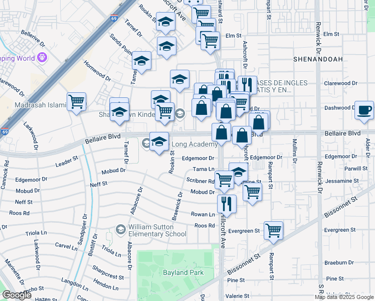map of restaurants, bars, coffee shops, grocery stores, and more near 6414 Leader Street in Houston