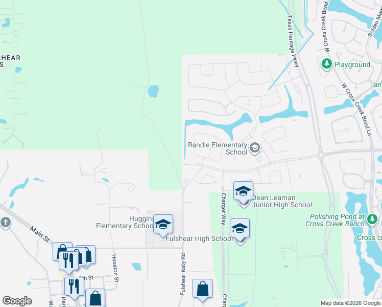 map of restaurants, bars, coffee shops, grocery stores, and more near 6920 Katy-Fulshear Road in Fulshear