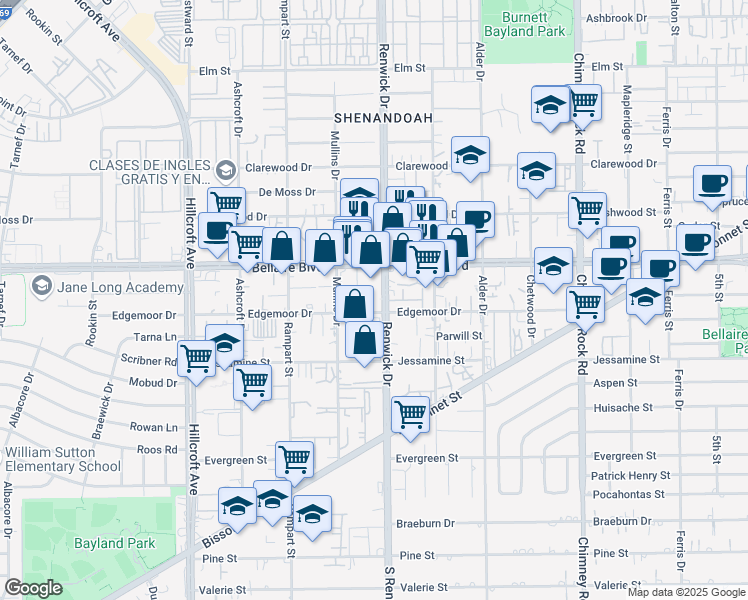 map of restaurants, bars, coffee shops, grocery stores, and more near 6910 Renwick Drive in Houston