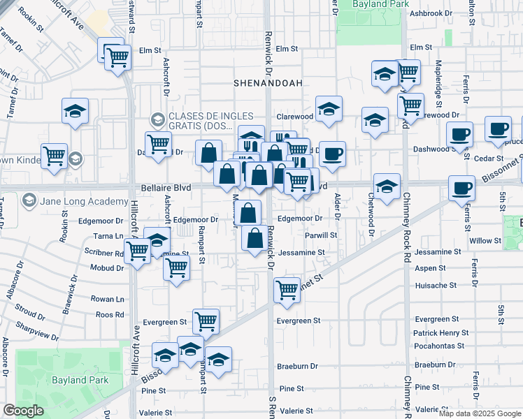 map of restaurants, bars, coffee shops, grocery stores, and more near 6910 Renwick Drive in Houston
