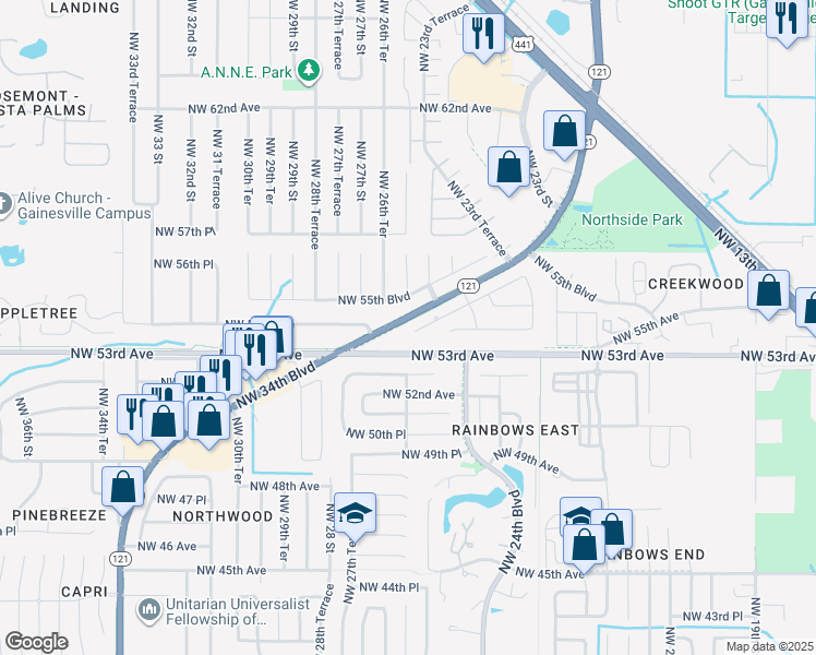 map of restaurants, bars, coffee shops, grocery stores, and more near 2534 Northwest 54th Boulevard in Gainesville