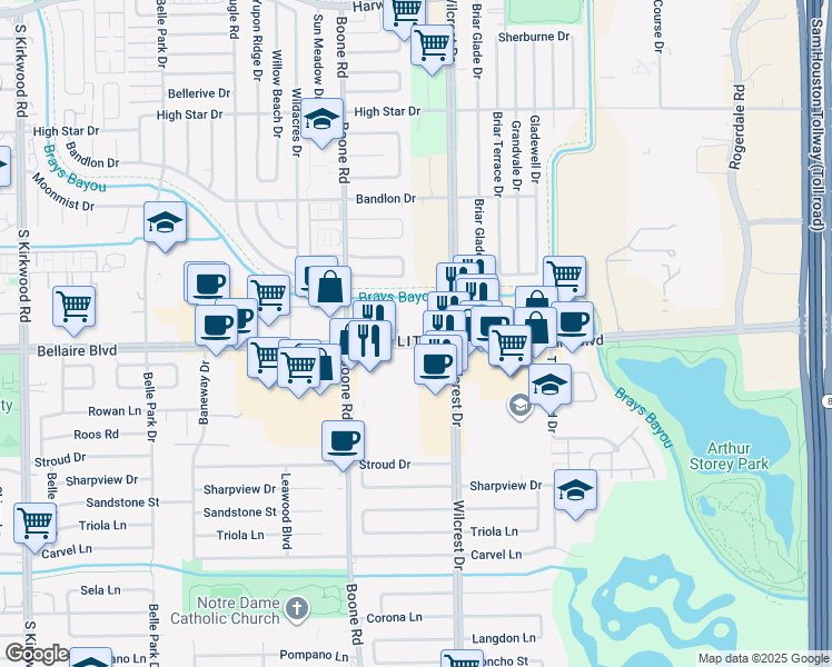 map of restaurants, bars, coffee shops, grocery stores, and more near 10982 Bellaire Boulevard in Houston
