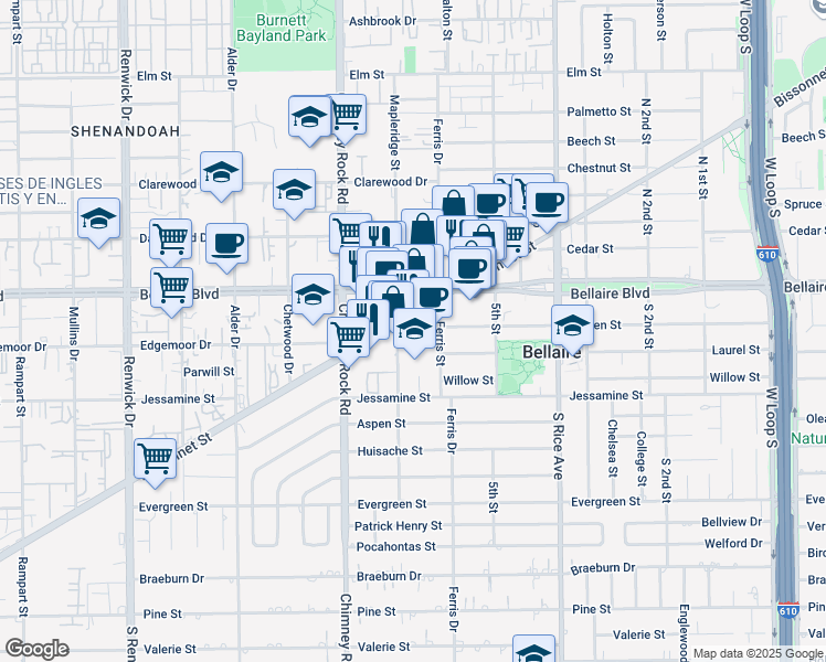 map of restaurants, bars, coffee shops, grocery stores, and more near 5317 Bissonnet Street in Bellaire
