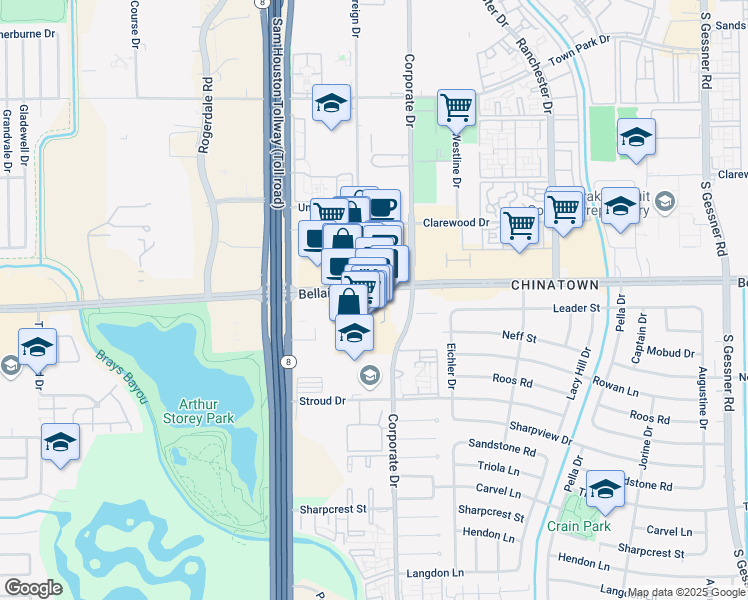 map of restaurants, bars, coffee shops, grocery stores, and more near 9807 Bellaire Boulevard in Houston