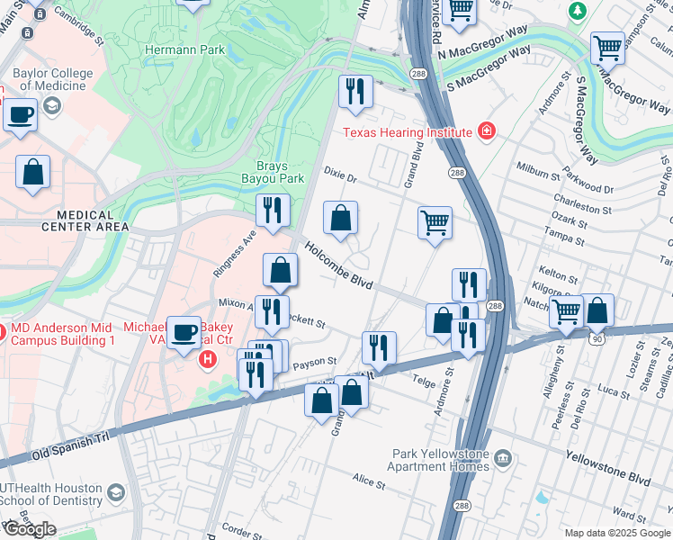 map of restaurants, bars, coffee shops, grocery stores, and more near 2450 Holcombe Boulevard in Houston