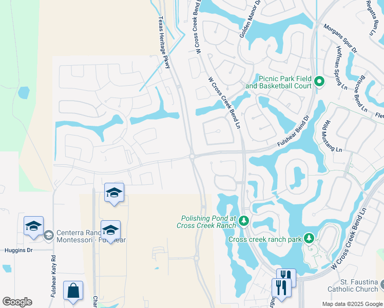 map of restaurants, bars, coffee shops, grocery stores, and more near Waterlilly Park Lane in Fulshear