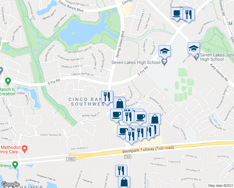 map of restaurants, bars, coffee shops, grocery stores, and more near 24926 Crystal Stone Lane in Katy