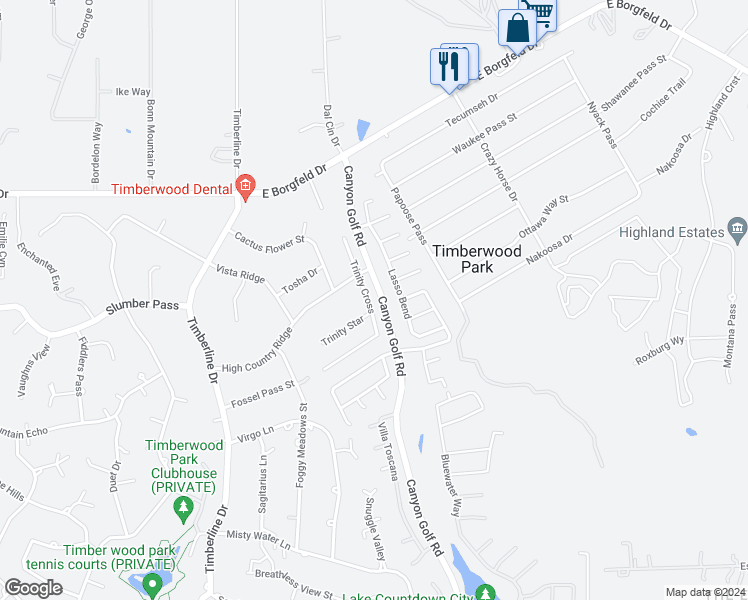 map of restaurants, bars, coffee shops, grocery stores, and more near 27314 Trinity Cross in San Antonio