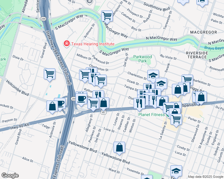 map of restaurants, bars, coffee shops, grocery stores, and more near 6203 Del Rio Street in Houston