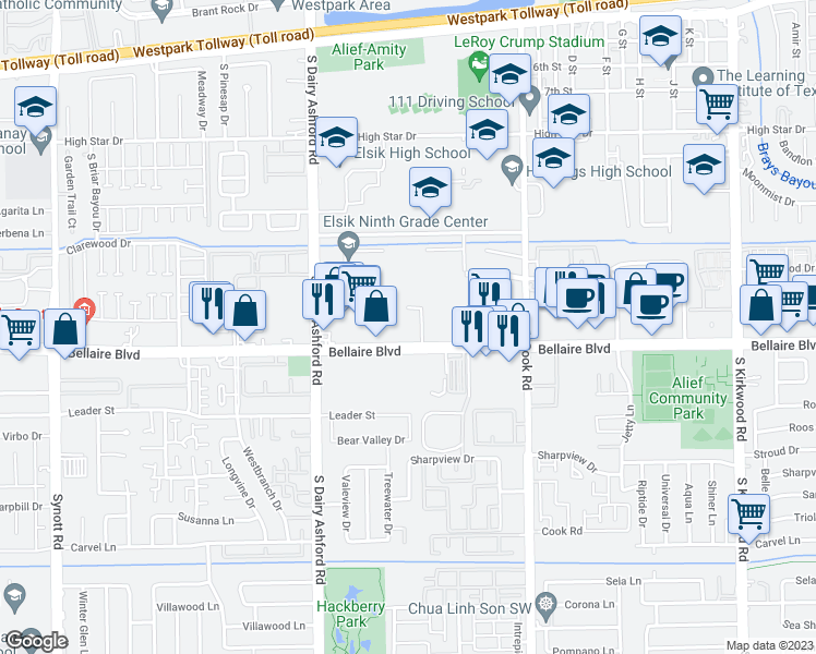 map of restaurants, bars, coffee shops, grocery stores, and more near 12420 Bellaire Boulevard in Houston