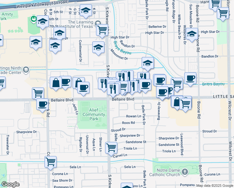 map of restaurants, bars, coffee shops, grocery stores, and more near 11772 Bellaire Blvd in Houston